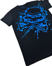 A black short-sleeve t-shirt featuring a large, vibrant blue graphic of a skull and crossbones presented on a plain white background.