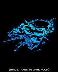 A bright blue graphic design of a stylized skull with splatter details on a black background, with the text '(IMAGE TAKEN IN DARK ROOM)' at the bottom.